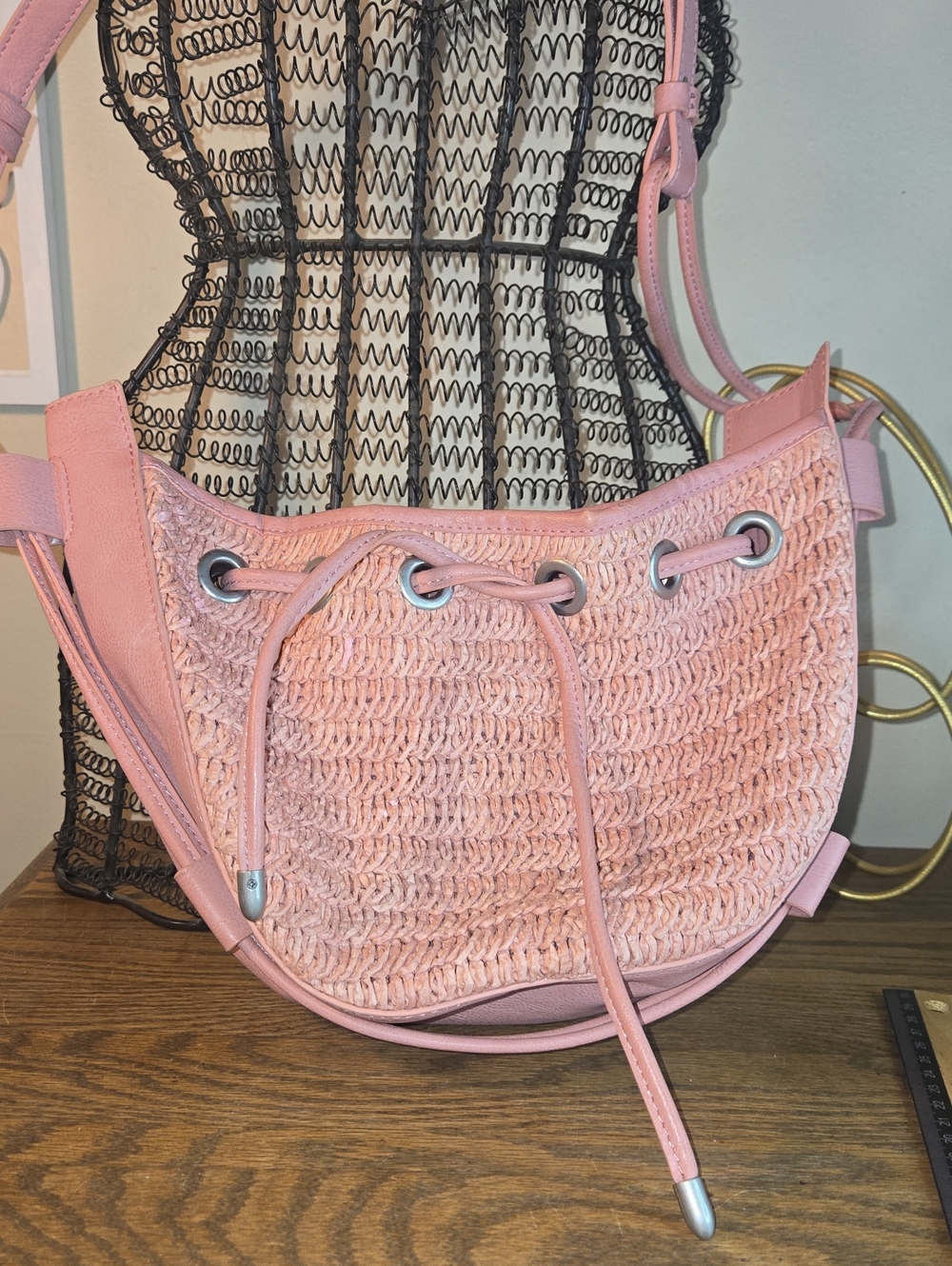 Pink Woven Crossbody Bucket Bag - Brand Unspecified